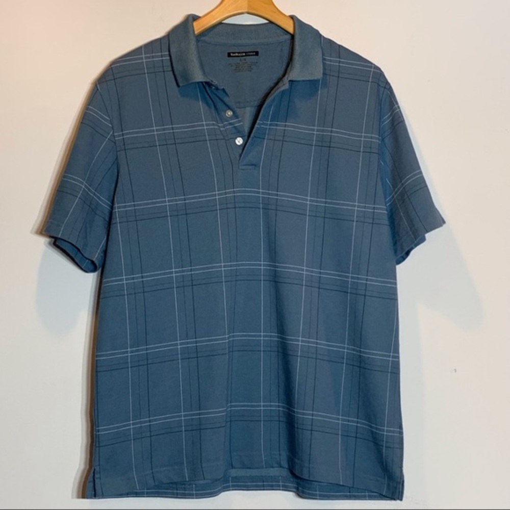 EUC Van Heusen Studio Dusty Blue Plaid Polo Style Short Sleeve Shirt